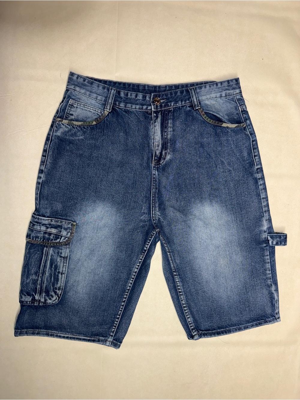 Washed Denim Cargo Shorts - Blue